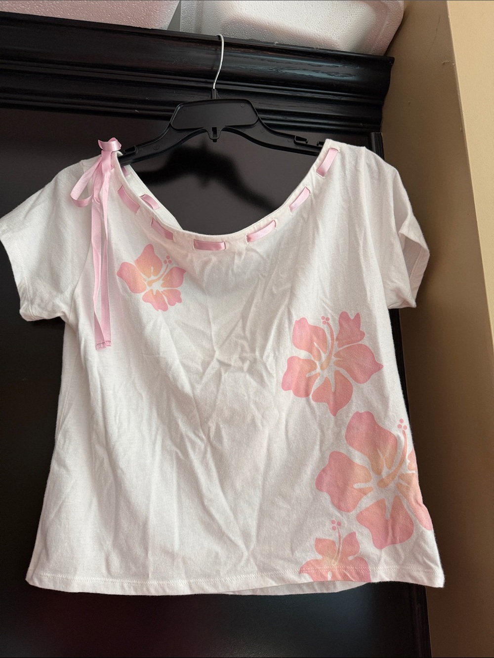 Hollister White Tee with Pink Floral Accents S